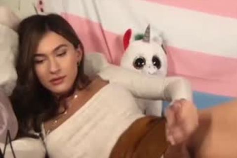 yummy young brunette sheboy Jerks hairy thick cock