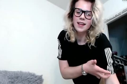 Petite Shemale Cutie In  Glasses Stroking Her Big Cock Until She Cum Shottting